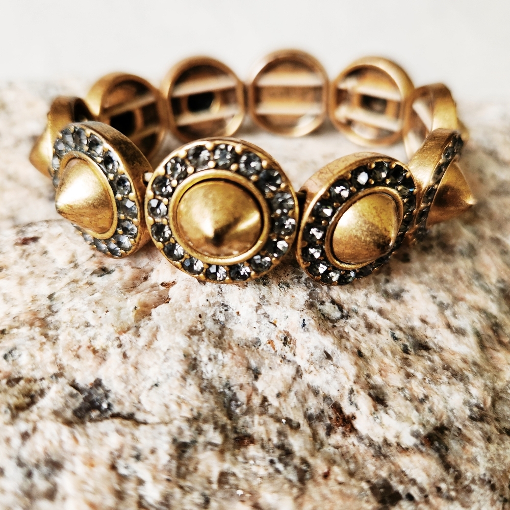 J. Crew Gold Tone Spike Rhinestone Stretch Bracelet Brutalist Party Goth Punk